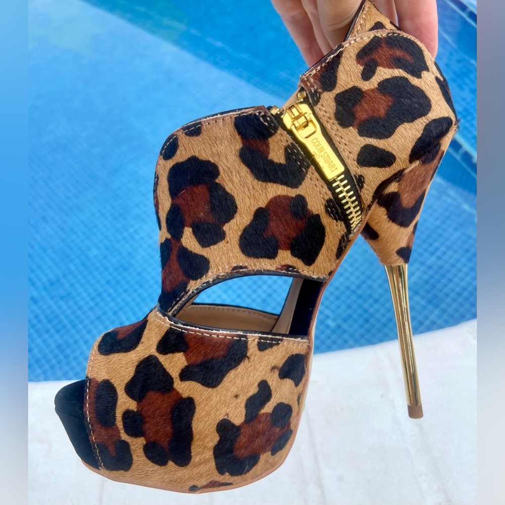 TAN BROWN LEOPARD ANIMAL PRINT HEELS - GOLD STILETTO HEEL -NEW- SIZES 5  6  7  9